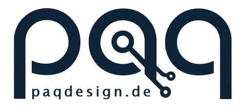 Das Bild zeigt das paq Logo mit spiegelbildlich angeordnetem p und q. Darunter steht paqdesign.de