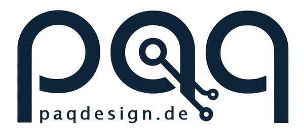 Das Bild zeigt das paq Logo mit spiegelbildlich angeordnetem p und q. Darunter steht paqdesign.de