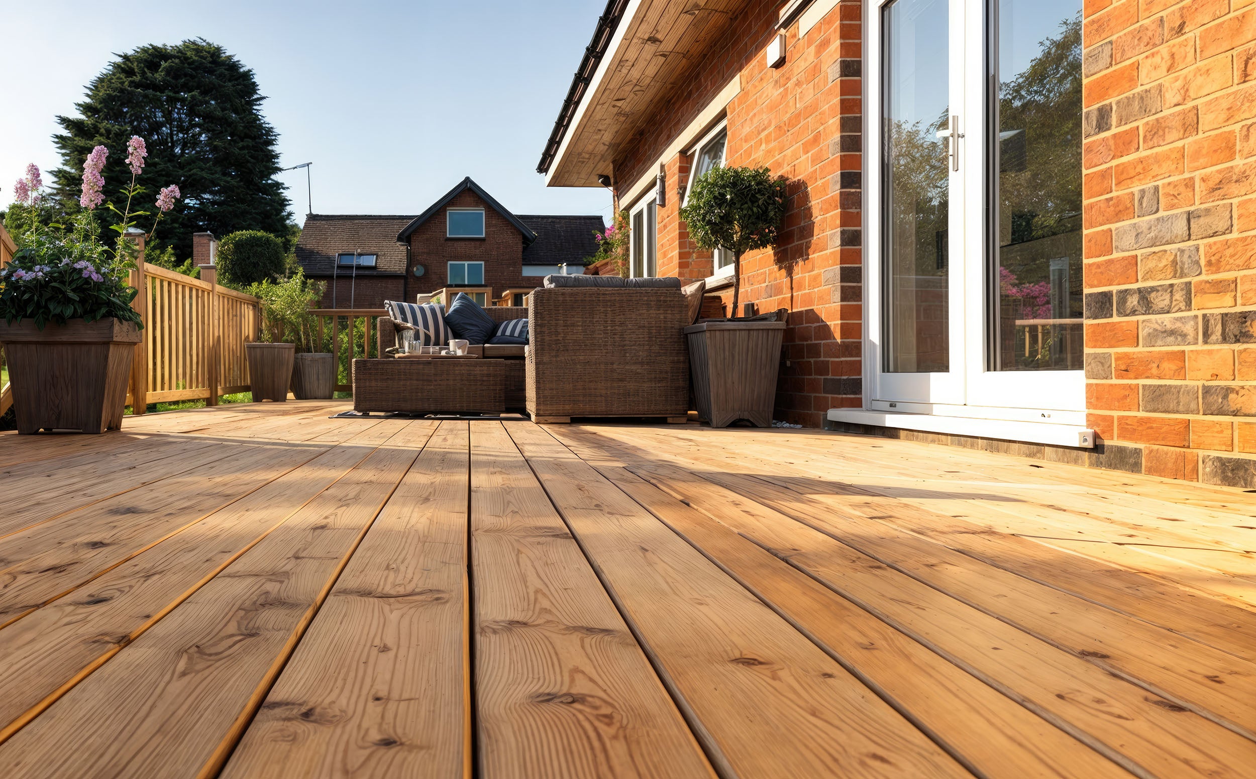 Auf dem Bild ist eine Terrasse mit einem Aluminium Boden in Holzoptik vor einem verklinkertem Haus zu sehen. Auf der Terrasse steht eine Sofa-Lounge.